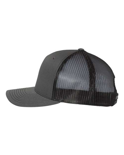 Richardson 112FP five-panel trucker hat in Charcoal/ Black, angled side view.