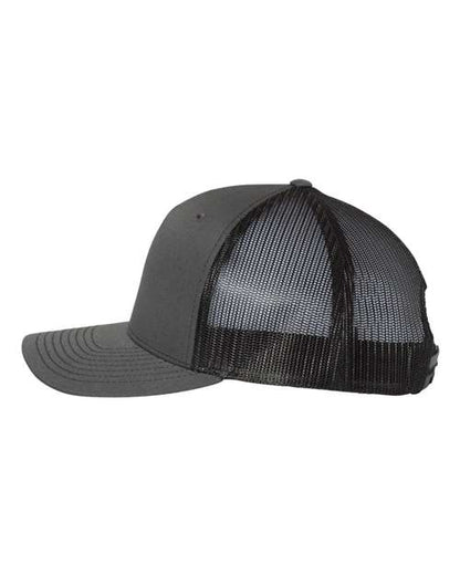 Richardson 112FP five-panel trucker hat in Charcoal/ Black, angled side view.