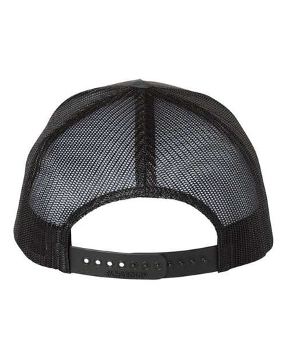 Richardson 112FP five-panel trucker hat in Charcoal/ Black, back view.