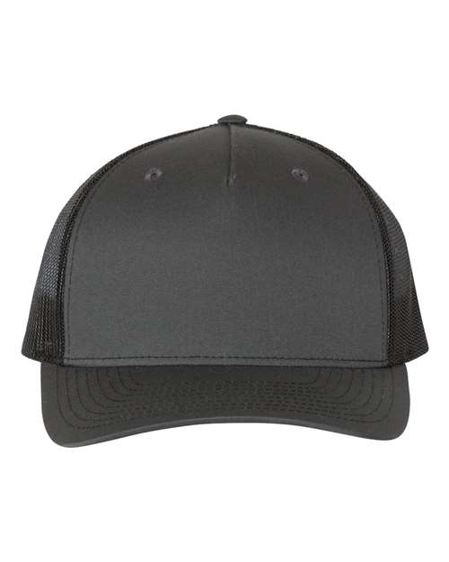 Richardson 112FP five-panel trucker hat in Charcoal/ Black, front view.