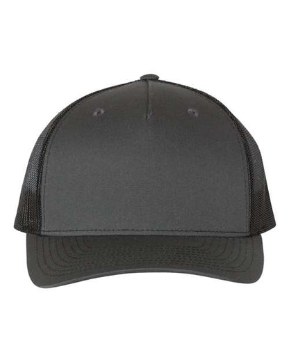 Richardson 112FP five-panel trucker hat in Charcoal/ Black, front view.