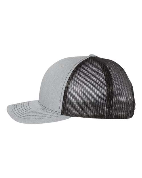 Richardson 112FP five-panel trucker hat in Heather Grey/ Black, angled side view.