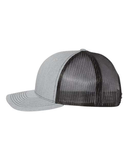 Richardson 112FP five-panel trucker hat in Heather Grey/ Black, angled side view.
