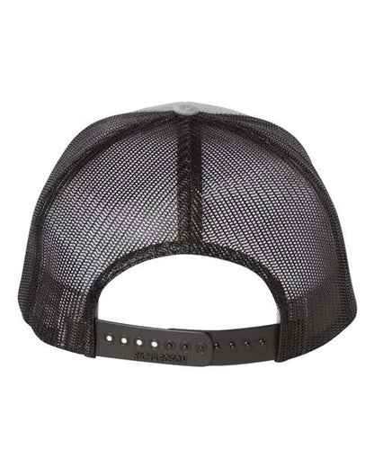 Richardson 112FP five-panel trucker hat in Heather Grey/ Black, back view.
