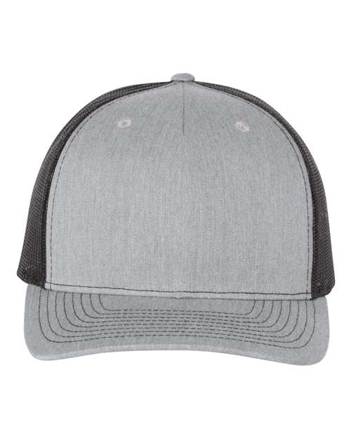 Richardson 112FP five-panel trucker hat in Heather Grey/ Black, front view.
