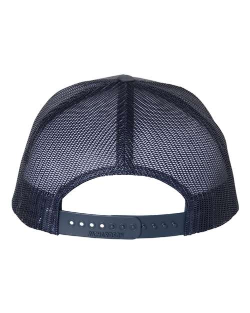 Richardson 112FP five-panel trucker hat in Ombre Blue/ Navy, back view.
