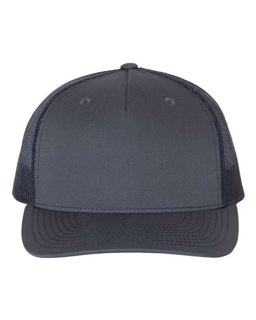 Richardson 112FP five-panel trucker hat in Ombre Blue/ Navy, front view.