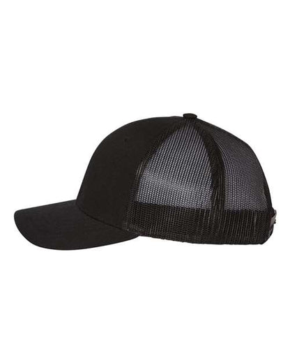 Richardson 112Y youth trucker hat in Black, angled side view.