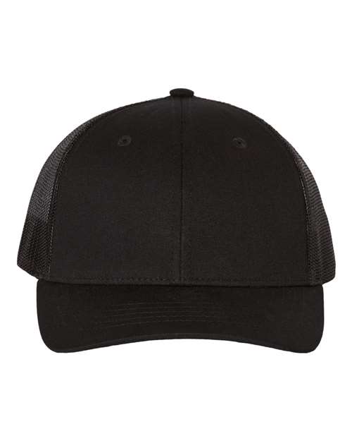 Richardson 112Y youth trucker hat in Black, front view.