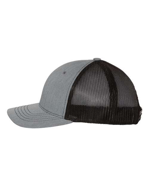 Richardson 112Y youth trucker hat in Heather Grey/ Black, angled side view.