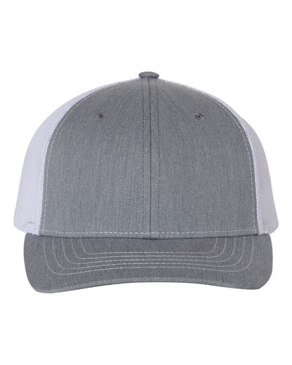 Richardson 112Y youth trucker hat in Heather Grey / White, alternate front view.