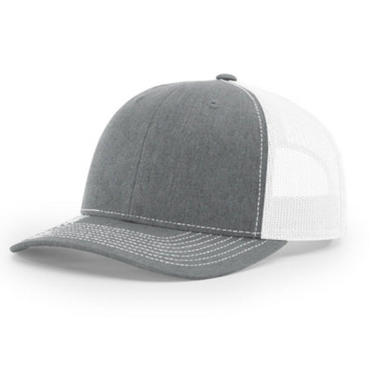 Richardson 112Y youth trucker hat in Heather Grey / White, angled front view.