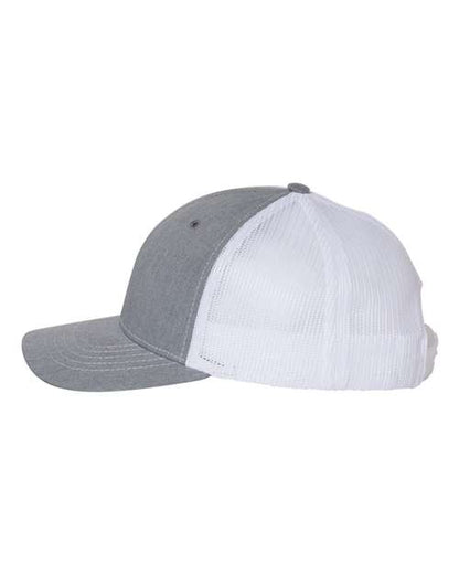 Richardson 112Y youth trucker hat in Heather Grey/ White, angled side view.