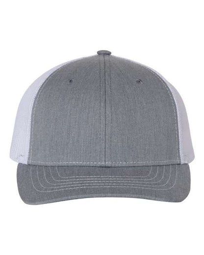 Richardson 112Y youth trucker hat in Heather Grey/ White, front view.