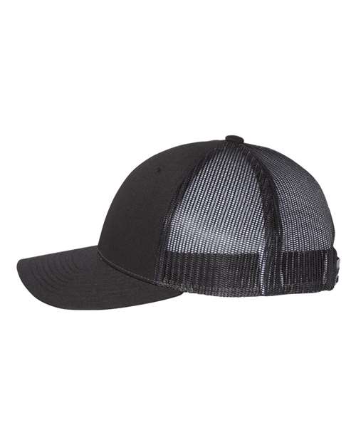 Richardson 115 low profile trucker hat in Black, angled side view.