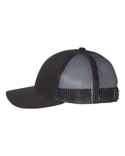 Richardson 115 low profile trucker hat in Black, angled side view.