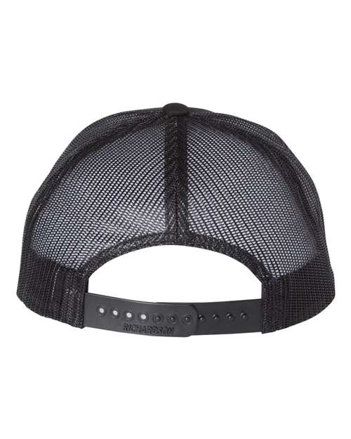 Richardson 115 low profile trucker hat in Black, back view.
