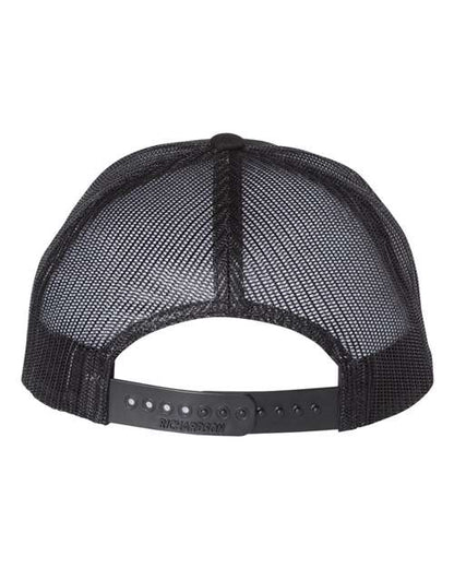 Richardson 115 low profile trucker hat in Black, back view.