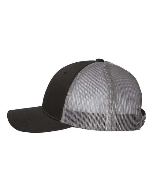 Richardson 115 low profile trucker hat in Black/ Charcoal, angled side view.