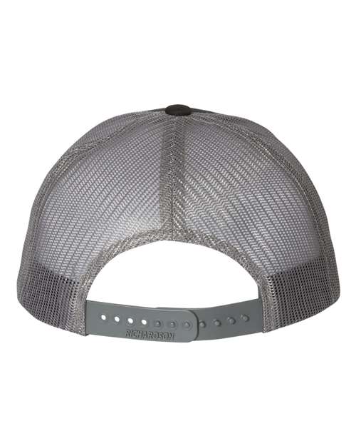 Richardson 115 low profile trucker hat in Black/ Charcoal, back view.