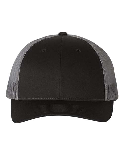 Richardson 115 low profile trucker hat in Black/ Charcoal, front view.