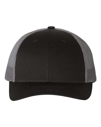 Richardson 115 low profile trucker hat in Black/ Charcoal, front view.