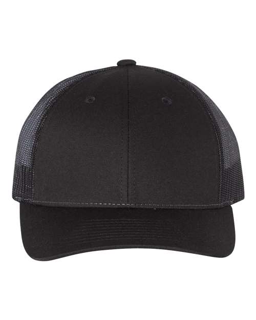 Richardson 115 low profile trucker hat in Black, front view.