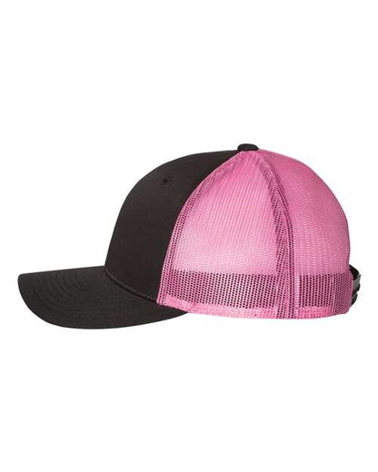Richardson 115 low profile trucker hat in Black/ Neon Pink, angled side view.