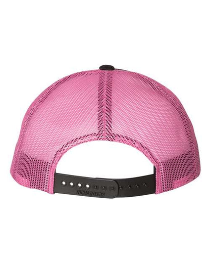 Richardson 115 low profile trucker hat in Black/ Neon Pink, back view.