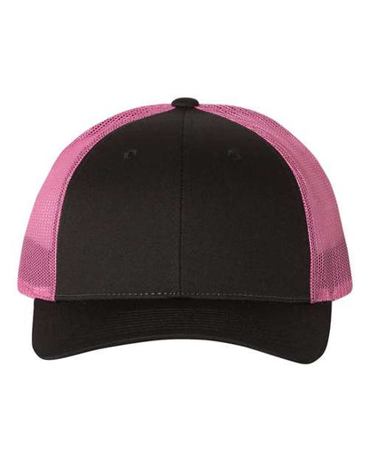Richardson 115 low profile trucker hat in Black/ Neon Pink, front view.