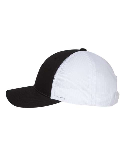 Richardson 115 low profile trucker hat in Black/ White, angled side view.