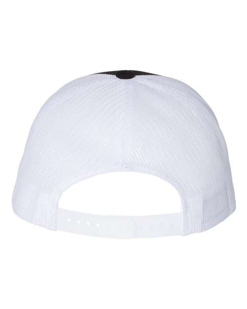 Richardson 115 low profile trucker hat in Black/ White, back view.