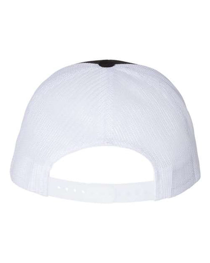 Richardson 115 low profile trucker hat in Black/ White, back view.