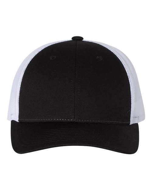 Richardson 115 low profile trucker hat in Black/ White, front view.