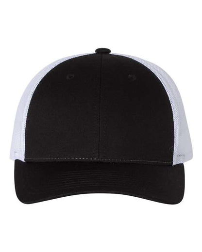 Richardson 115 low profile trucker hat in Black/ White, front view.