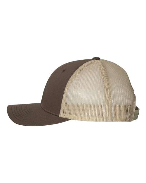 Richardson 115 low profile trucker hat in Brown/ Khaki, angled side view.