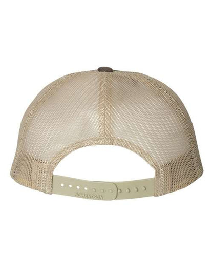 Richardson 115 low profile trucker hat in Brown/ Khaki, back view.