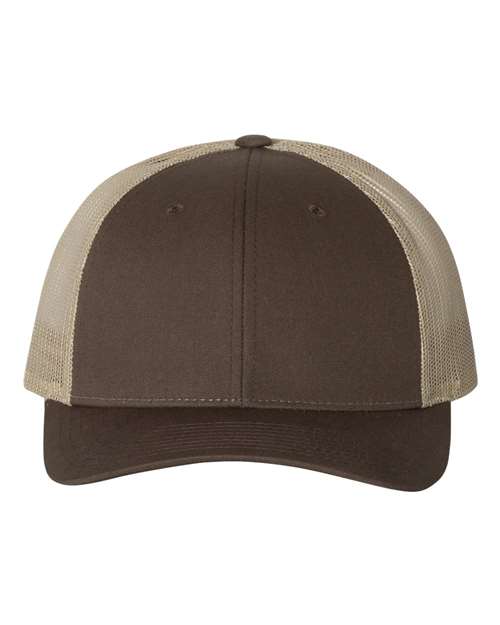 Richardson 115 low profile trucker hat in Brown/ Khaki, front view.