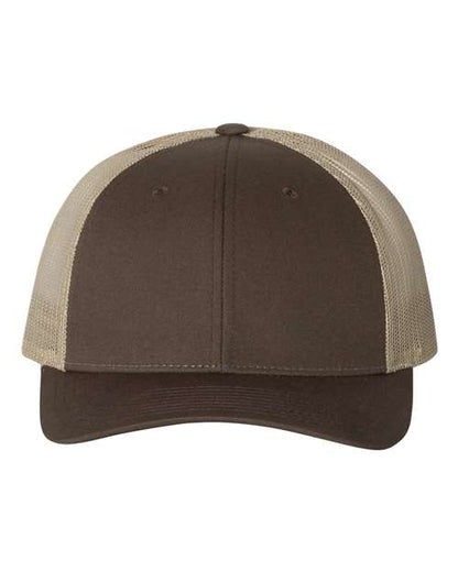 Richardson 115 low profile trucker hat in Brown/ Khaki, front view.