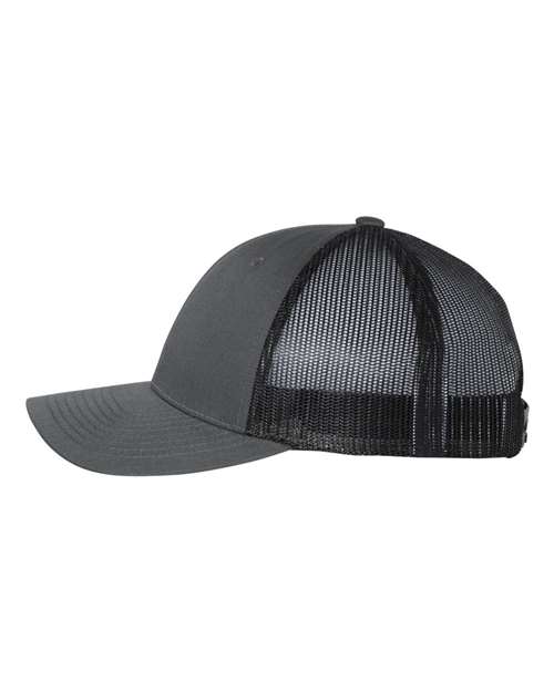 Richardson 115 low profile trucker hat in Charcoal/ Black, angled side view.