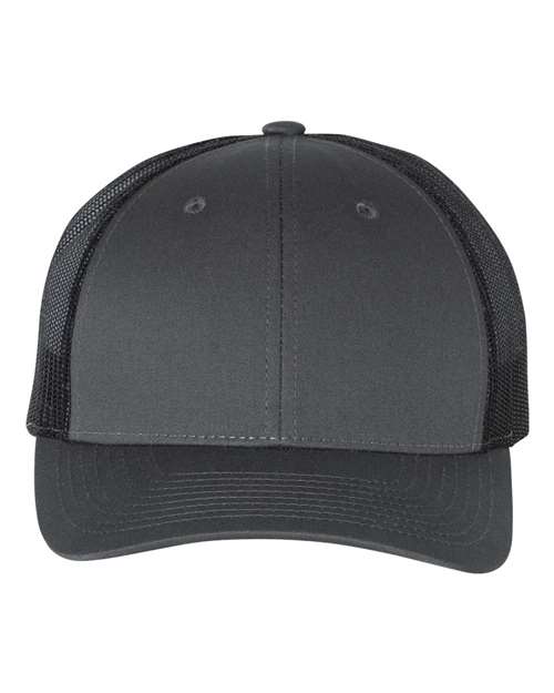 Richardson 115 low profile trucker hat in Charcoal/ Black, front view.
