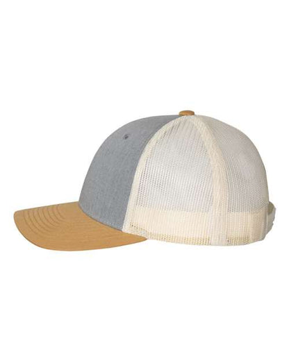 Richardson 115 low profile trucker hat in Heather Grey/ Birch/ Amber Gold, angled side view.