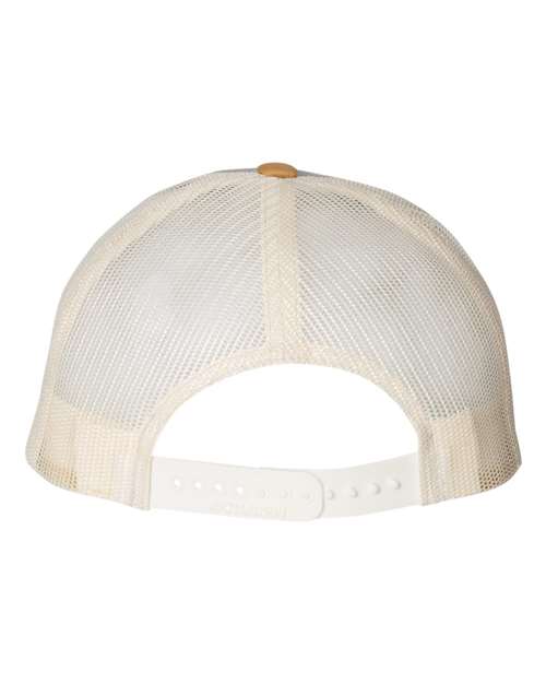 Richardson 115 low profile trucker hat in Heather Grey/ Birch/ Amber Gold, back view.