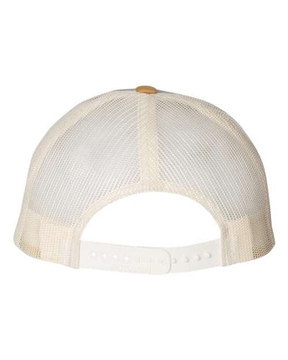 Richardson 115 low profile trucker hat in Heather Grey/ Birch/ Amber Gold, back view.