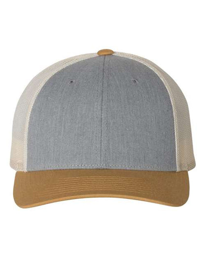 Richardson 115 low profile trucker hat in Heather Grey/ Birch/ Amber Gold, front view.