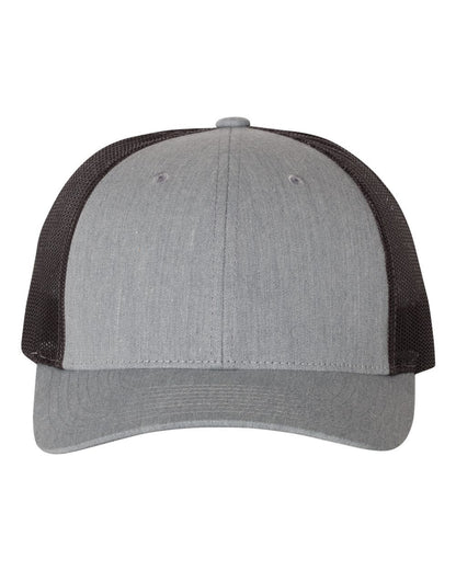 Richardson 115 low profile trucker hat in Heather Grey / Dark Charcoal, alternate front view.