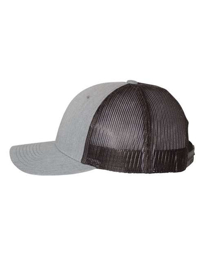 Richardson 115 low profile trucker hat in Heather Grey/ Dark Charcoal, angled side view.