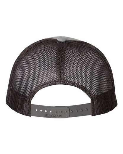 Richardson 115 low profile trucker hat in Heather Grey/ Dark Charcoal, back view.