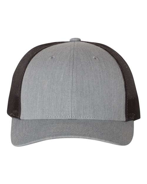 Richardson 115 low profile trucker hat in Heather Grey/ Dark Charcoal, front view.