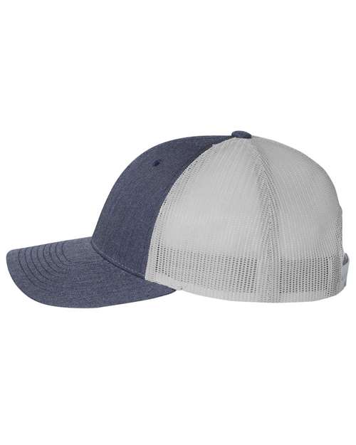Richardson 115 low profile trucker hat in Heather Navy/ Light Grey, angled side view.